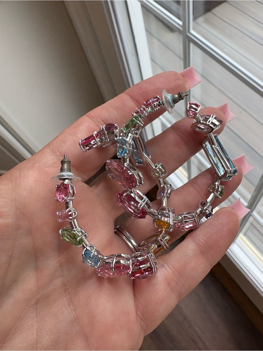 Swarovski Multicolor Crystal Hoop Earrings in Pink, Blue, Green & Yellow - Picture 5 of 10
